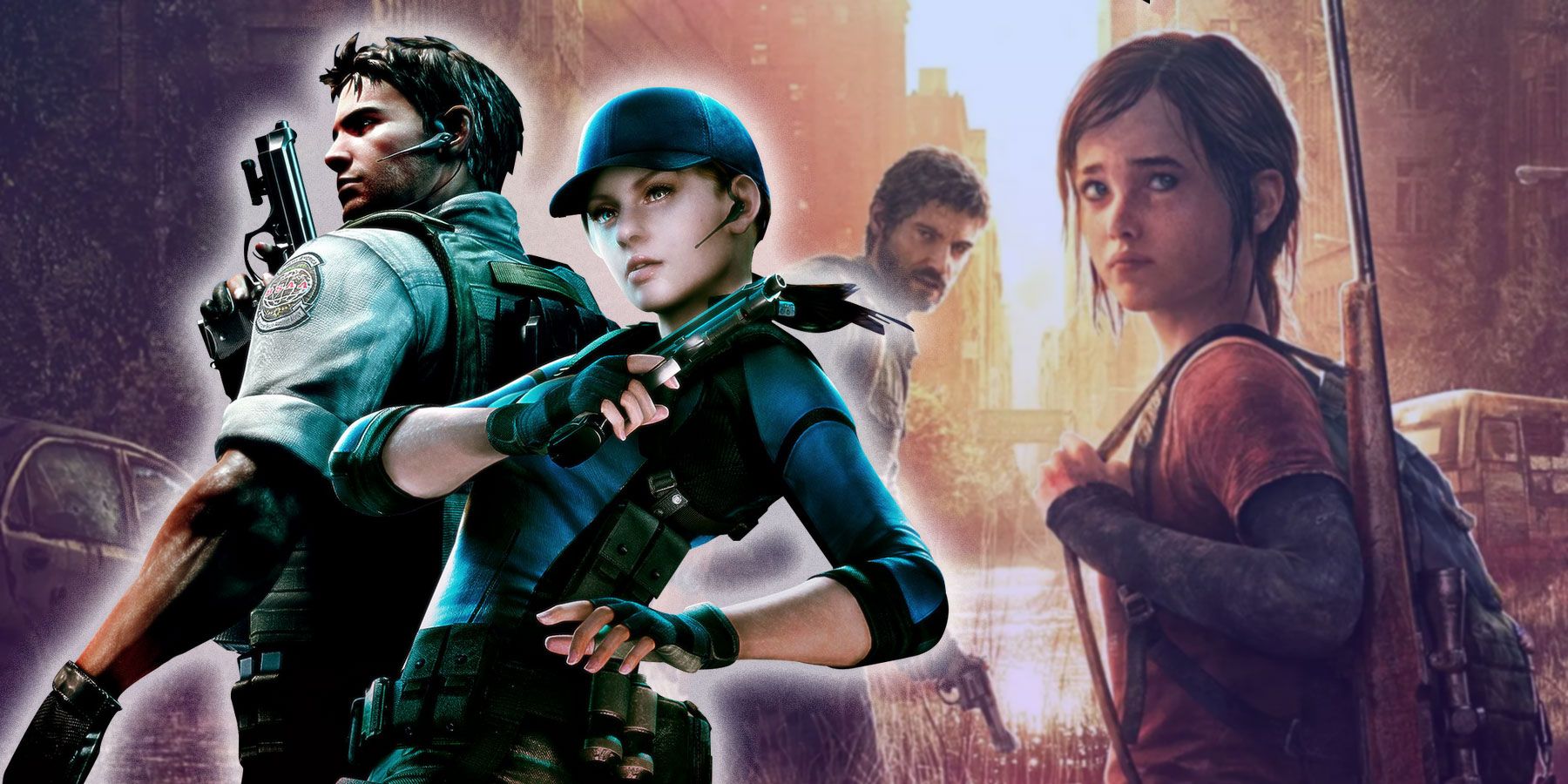 Chris Redfield and Jill Valentine in front of promotional art for The Last of Us.