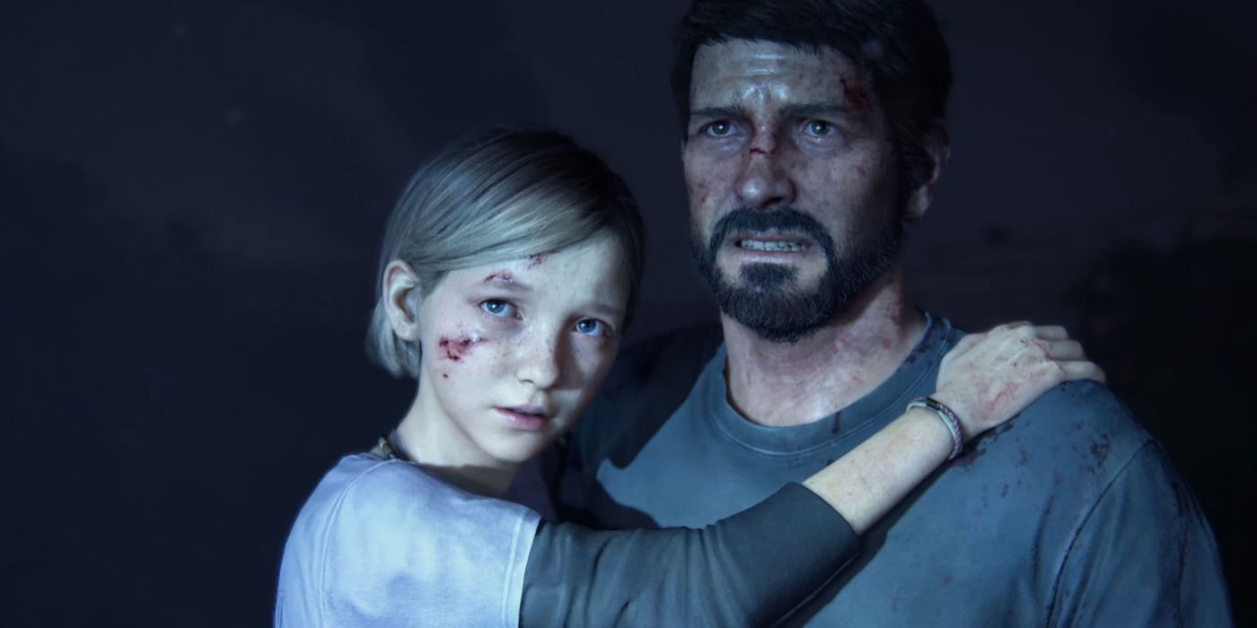 Joel holding Sarah in his arms in The Last of Us.