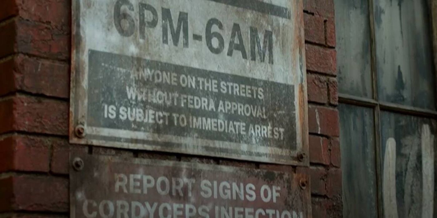 A FEDRA curfew sign on a wall in HBO's The Last of Us
