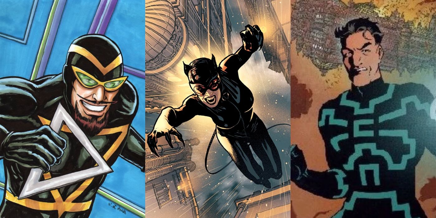 A split image showing Angle-Man, Catwoman, and Chronos from DC Comics