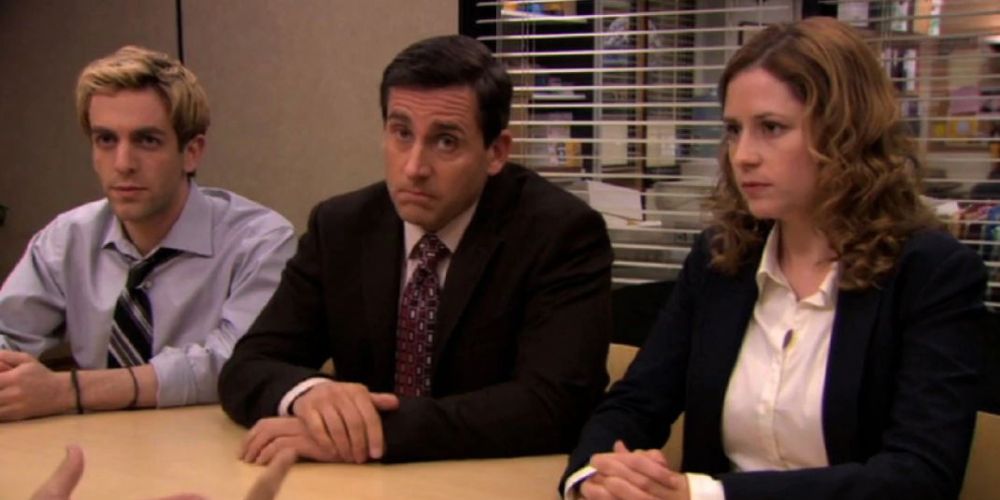 Michael Scott, Pam and Ryan from The Office sitting together while talking to Dave Wallace