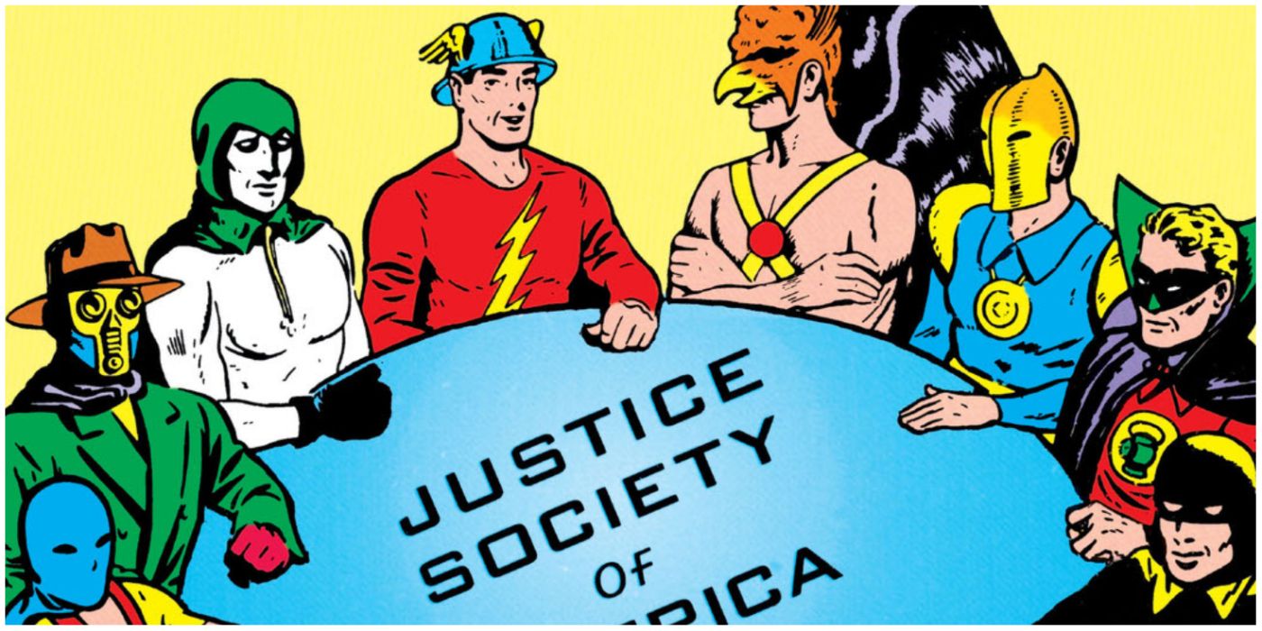 the original Justice Society gathered at the table in DC comics
