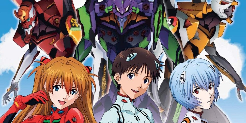 Asuka, Shinji, and Rei and their Evangelions in Neon Genesis Evangelion