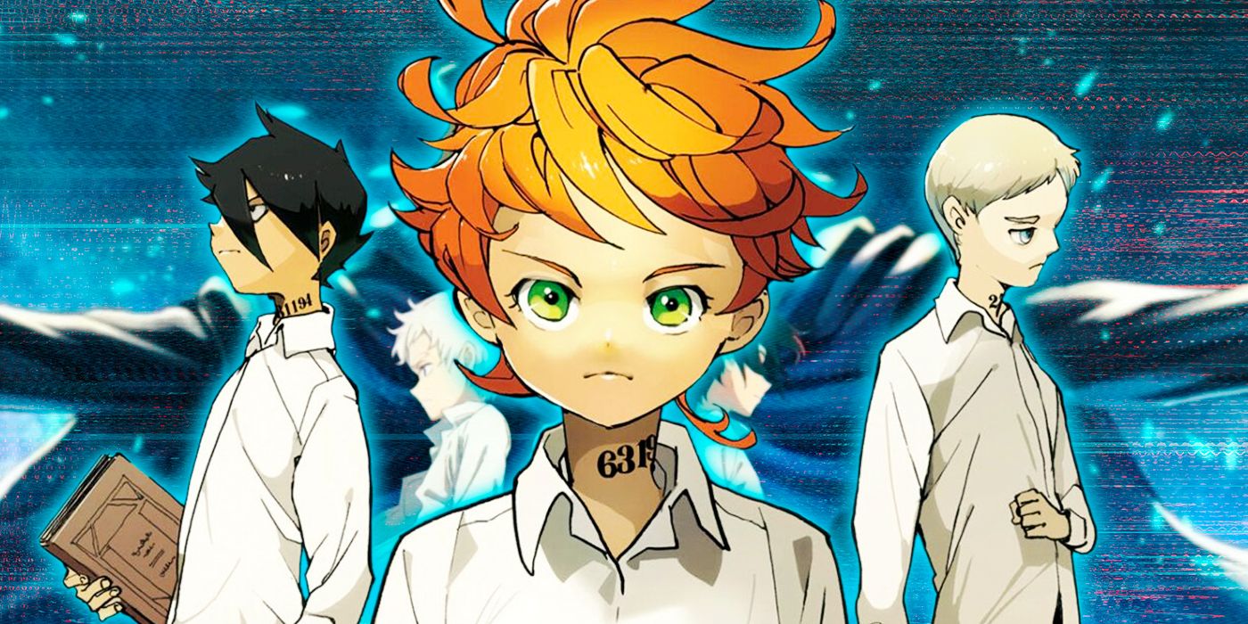 Norman, Emma, and Ray against an open-armed background with blue flecks in The PromisedNeverland