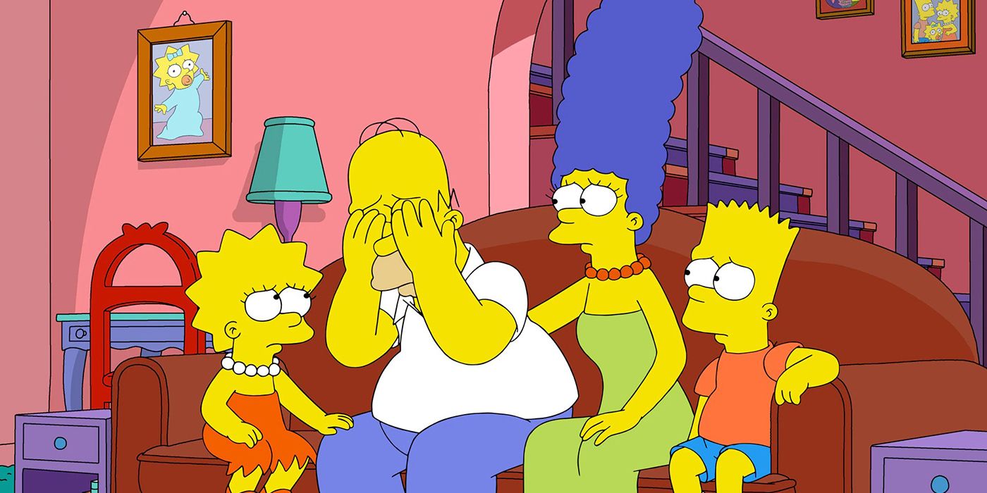 The Simpsons family sitting on the couch, Homer with his hands over his eyes crying.
