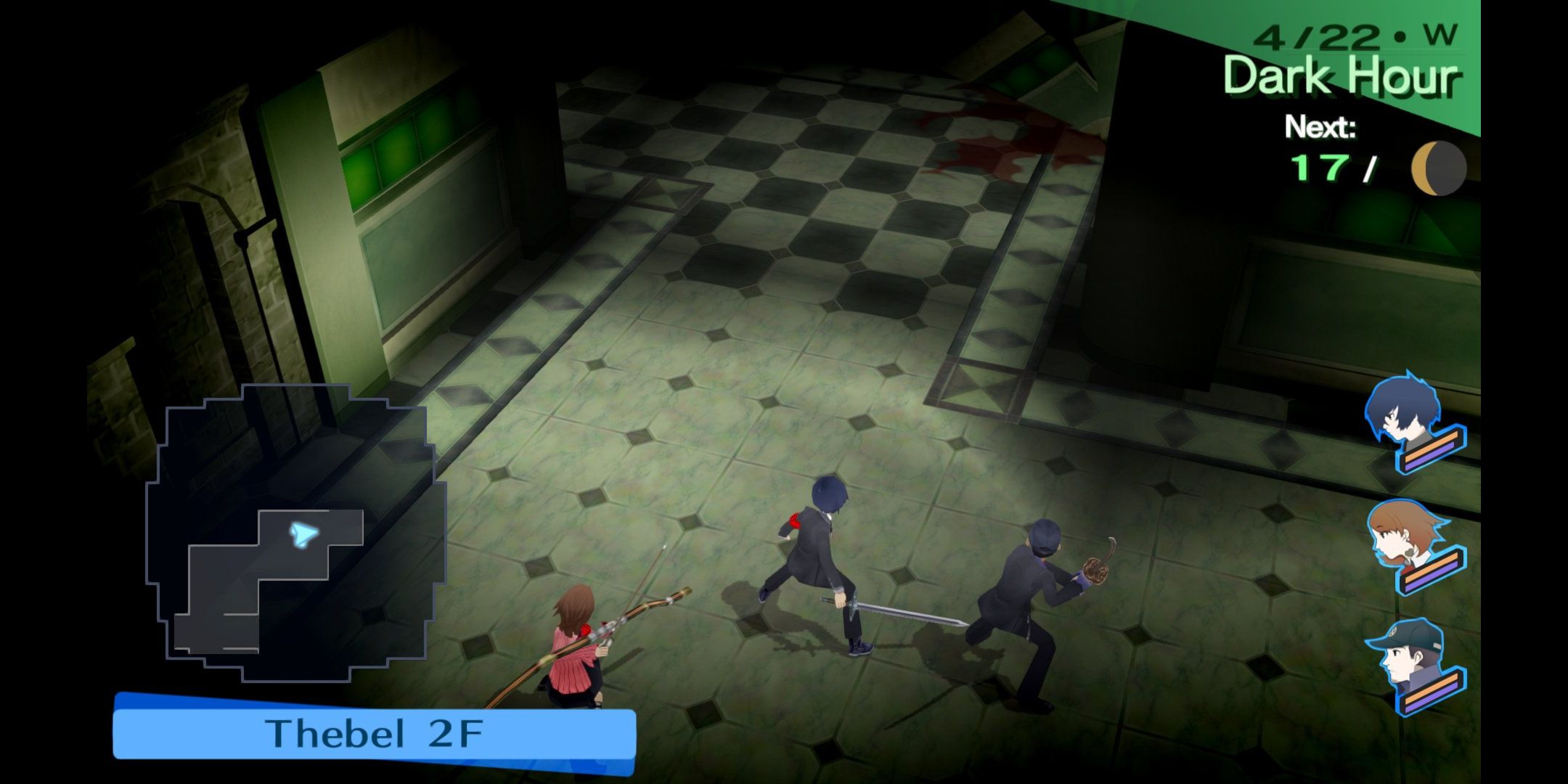 Yukari, Makoto, and Junpei explore Thebel 2F of Tartarus in Persona 3 Portable
