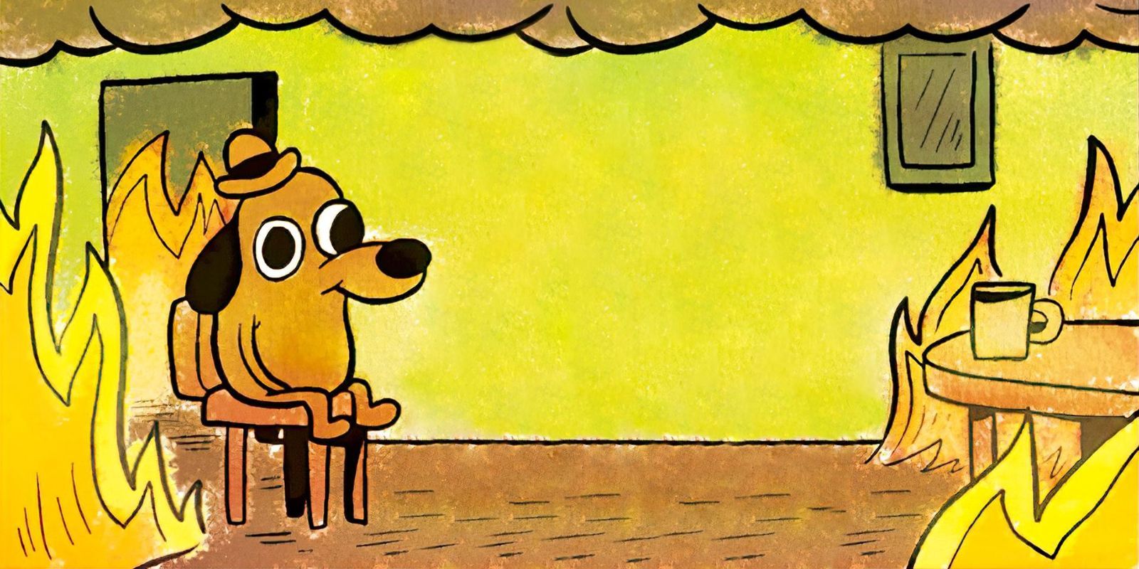 A yellow cartoon dog with a cat sits in a room on fire