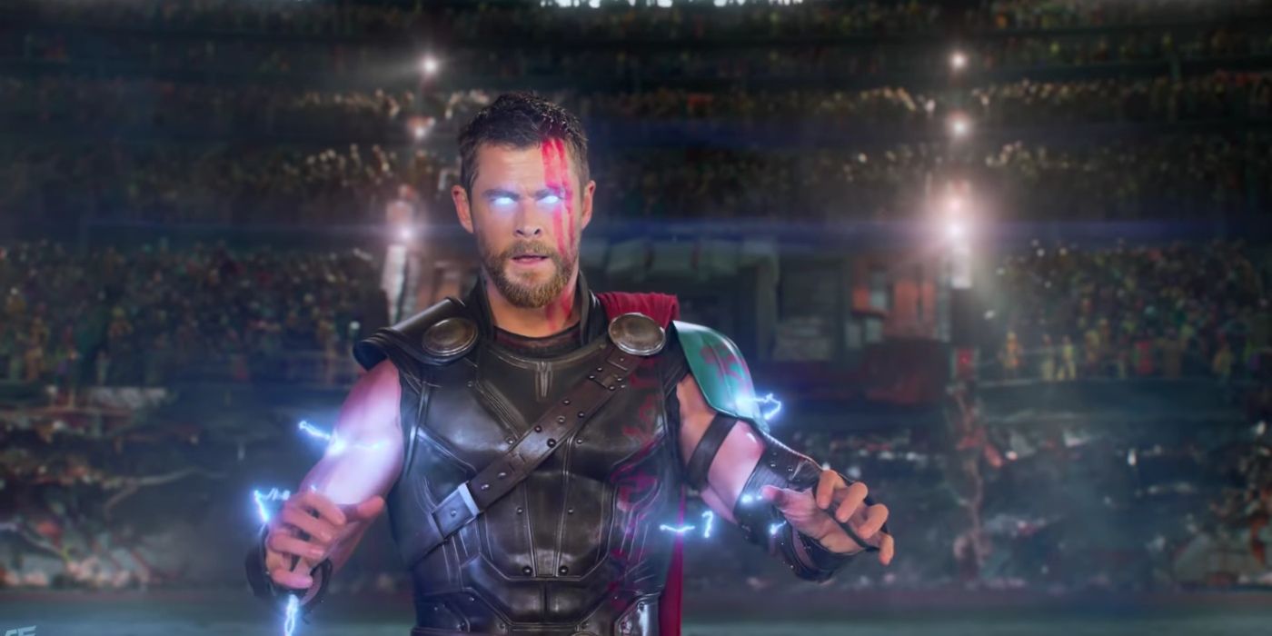 Thor unleashing his thunder powers for the first time in Thor: Ragnarok