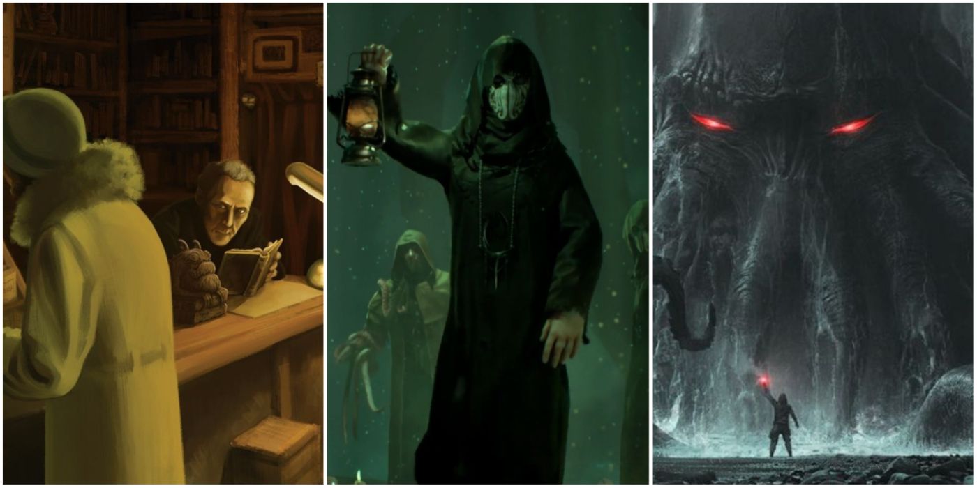 A split image showing investigators, cults, and Cthulhu himself in Call of Cthulhu RPG