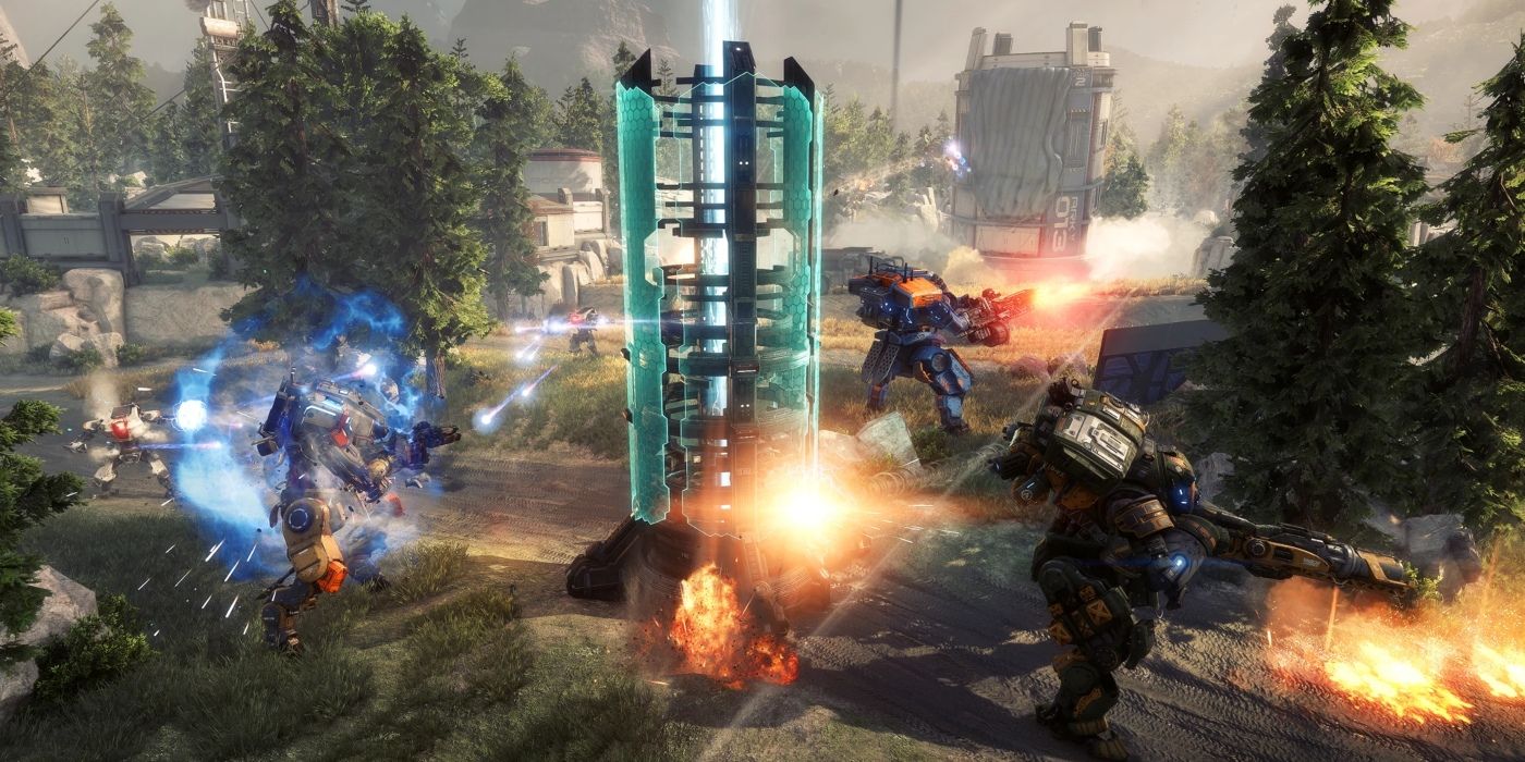 Four Titans protecting a Harvester in Titanfall 2 Frontier Defense mode