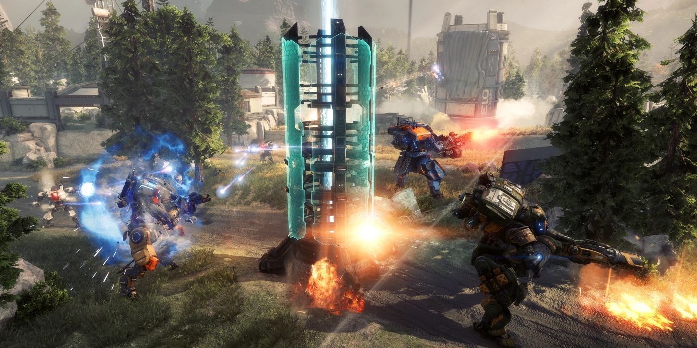 Four titans protecting a Harvester in Titanfall 2 Frontier Defense mode