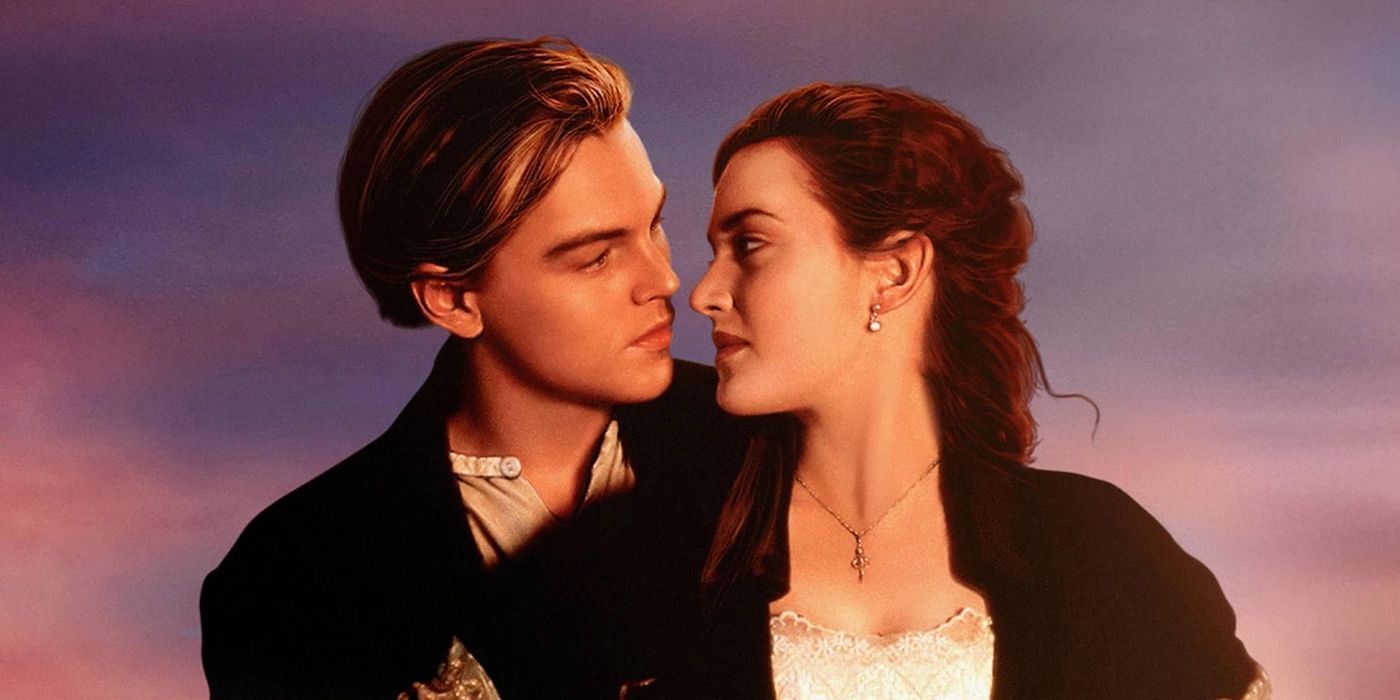 Jack and Rose embracing against sunset in Titanic