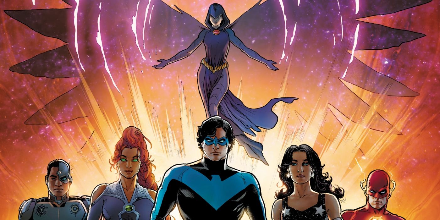 Nightwing teams up with Raven, Starfire, Cyborg, Donna Troy, and Wally West in Titans by DC