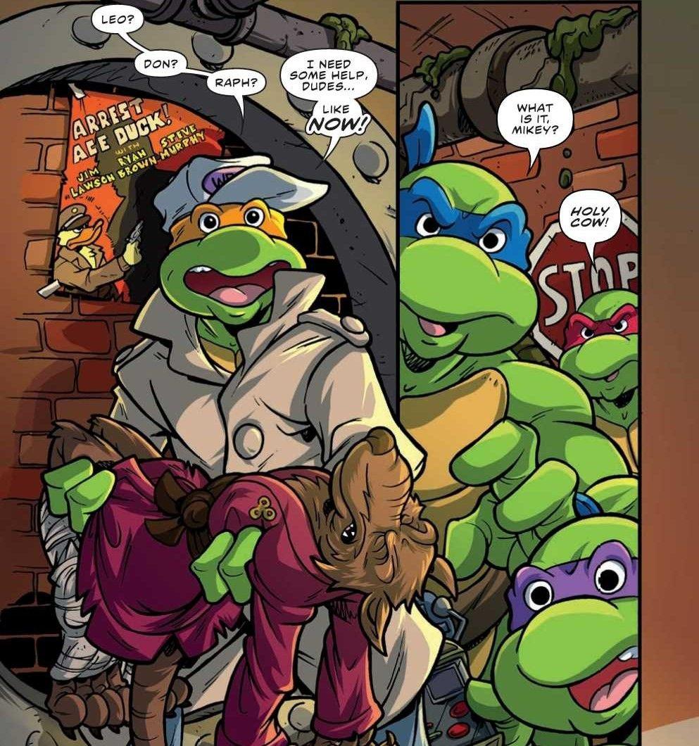 Michelangelo holds an injured Master Splinter from Teenage Mutant Ninja Turtles Saturday Morning Adventures Issue 4