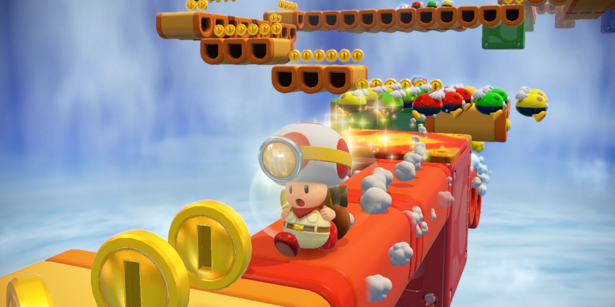 Sapo correndo por um curso no Captain Toad Treasure Tracker