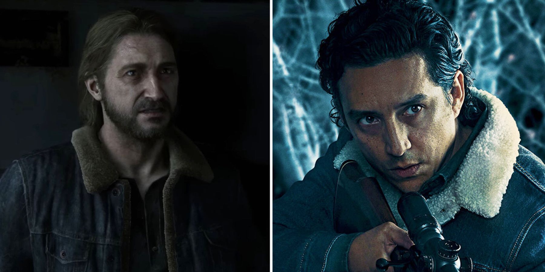 Tommy dans The Last of Us: Part I et Gabriel Luna en tant que Tommy armé d'une arme à feu dans The Last of Us de HBO