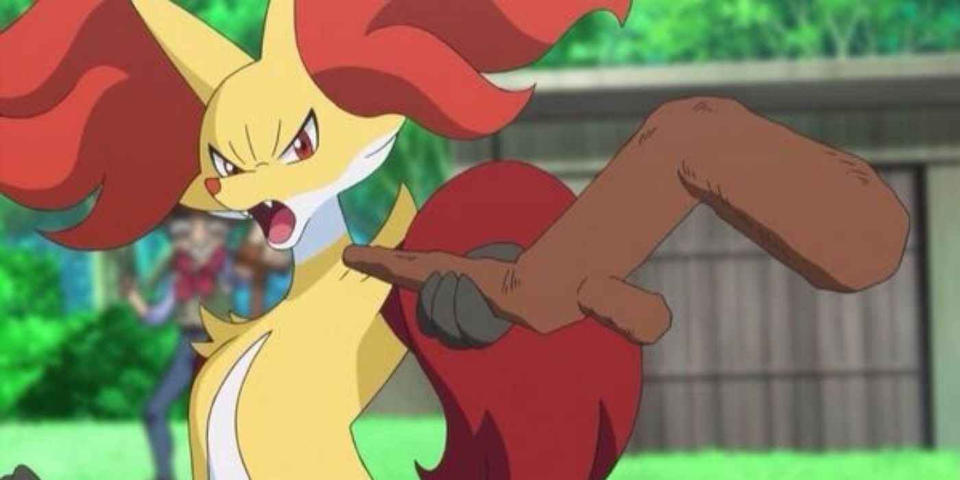 Pokemon Delphox pointing with stick in anime