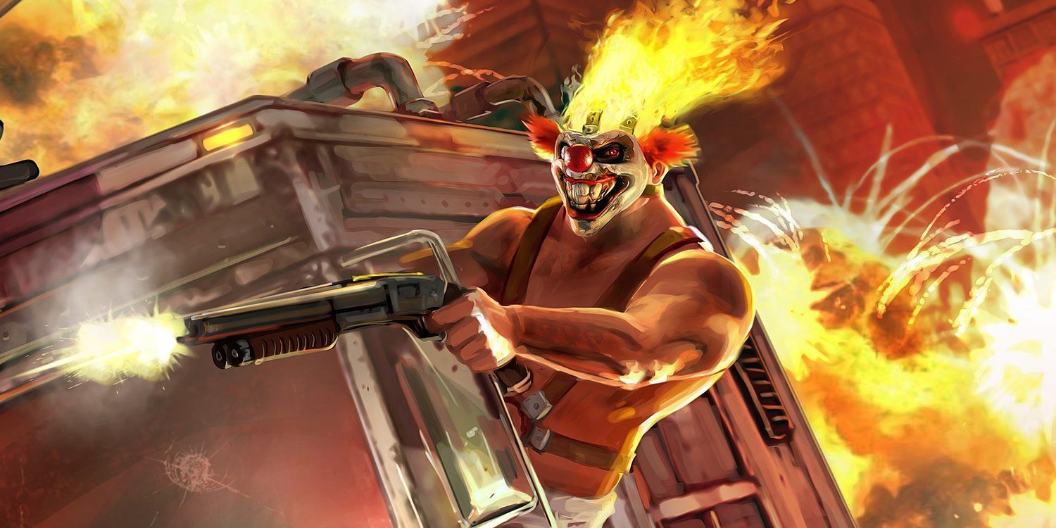 Sweet Tooth fires off an automatic weapon from his iconic ice cream truck with an explosion behind him in Twisted Metal