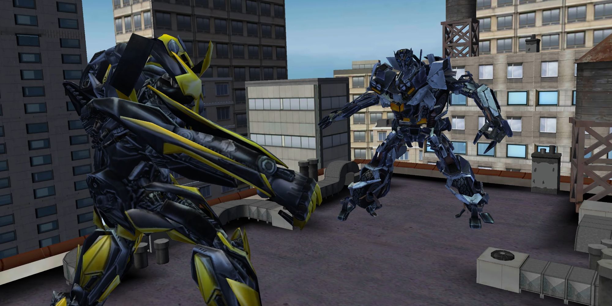 Two Cybertronians fighting on a rooftop in Transformers Rise Of The Dark Spark for the Nintendo 3DS
