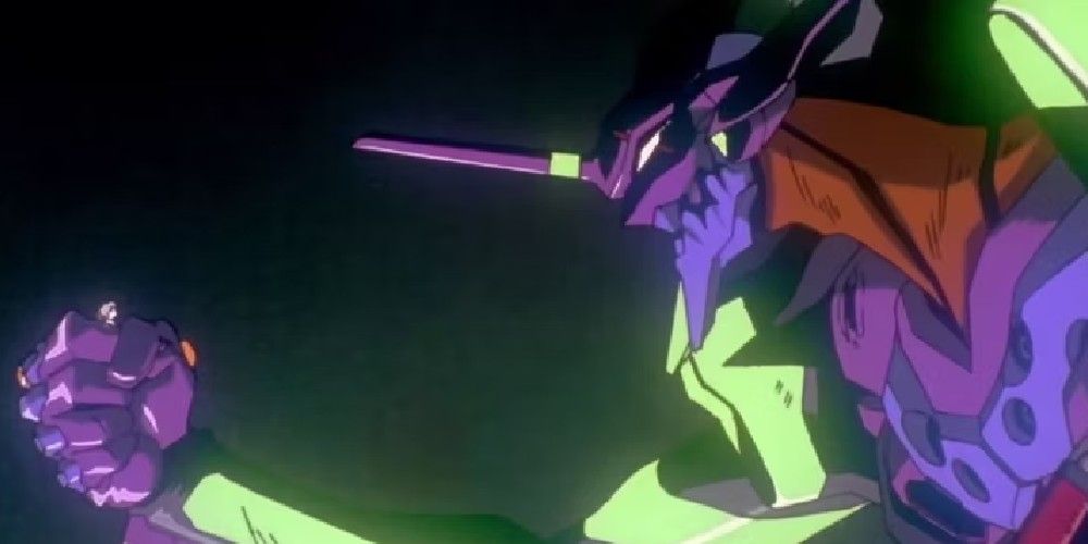 Unit-01 hesitates to crush Kaworu in Neon Genesis Evangelion