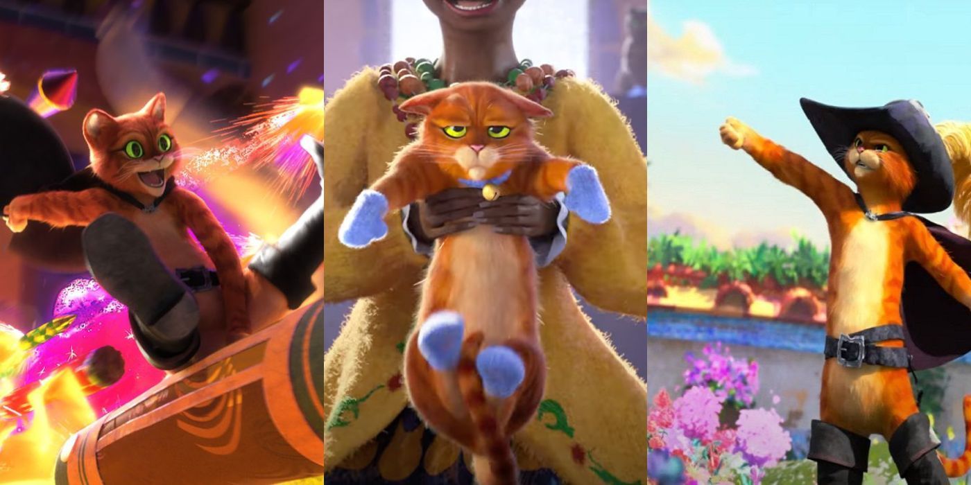 A split image of Puss riding a firework, Puss wearing mittens, and Puss posing in The Last Wish