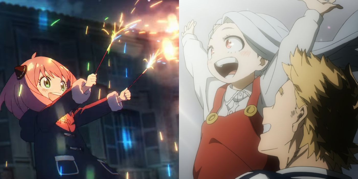 Anya Forger using sparklers in Spy x Family; Mirio Togata holding a delighted Eri up with her hands in the air in my hero academia. 