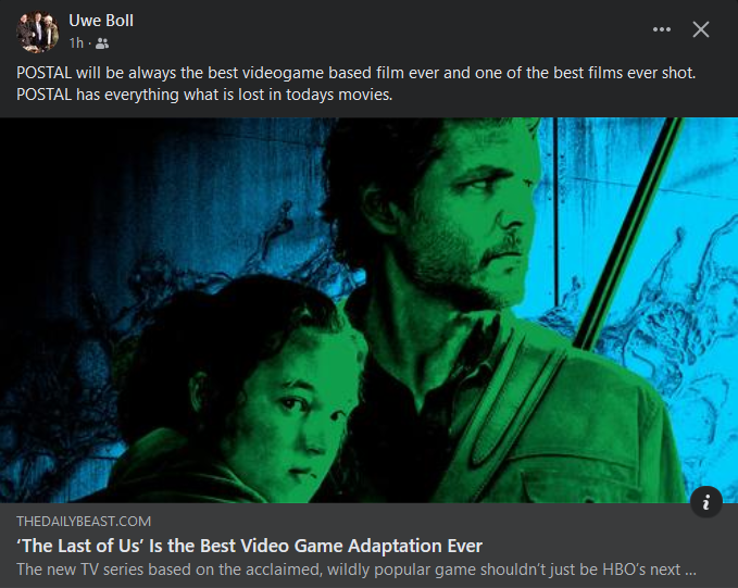 A screenshot of Uwe Boll's Facebook post regarding HBO's The Last of Us.