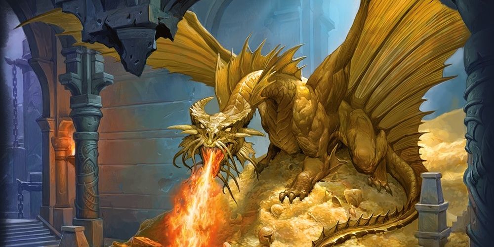 Um dragão sentado no topo de uma pilha de ouro no jogo de tabuleiro Vault of Dragons DnD