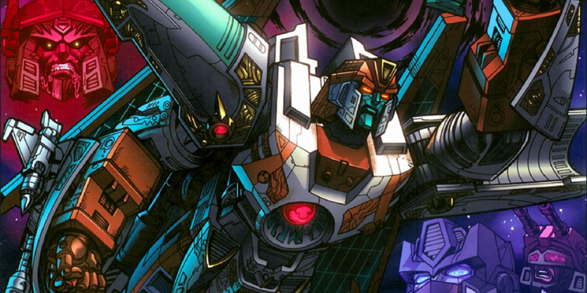 Vector Prime flying through space with a sword in Transformers Cybertron comics