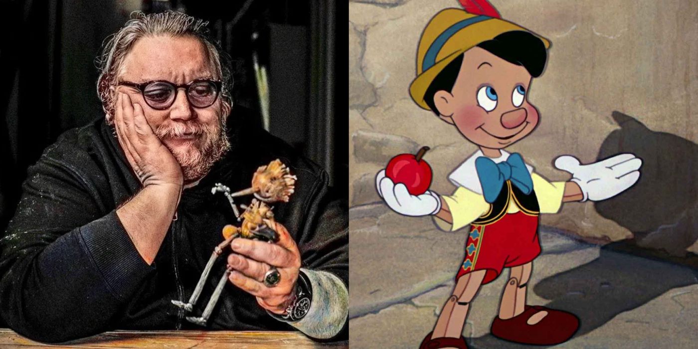 Guillermo del Toro holding his wooden Pinocchio and Disney's animated Pinocchio. 