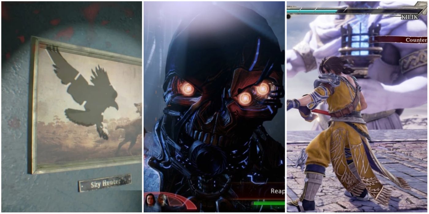 A split image showing a shadow puzzle in Resident Evil 7: Biohazard, the Human Reaper in Mass Effect 2, and Kilik in Soulcalibur VI