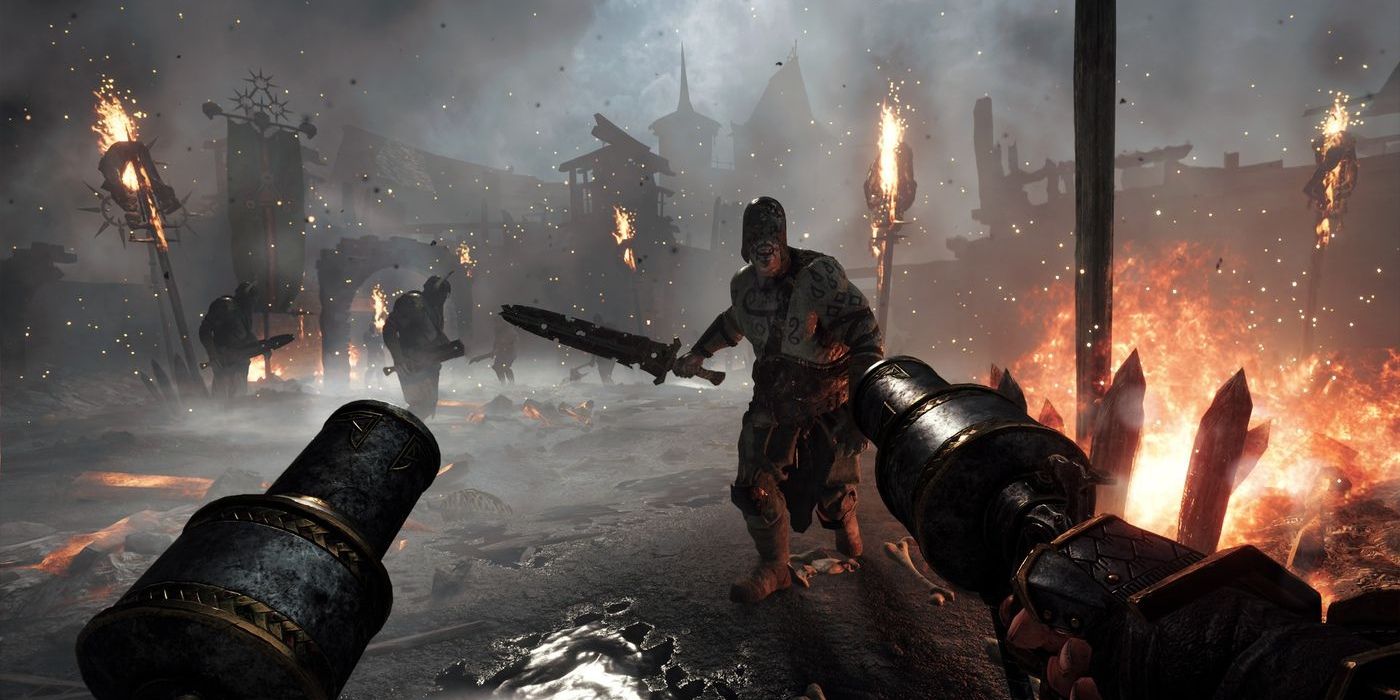 A player holding off chaos warriors in Warhammer Vermintide 2.