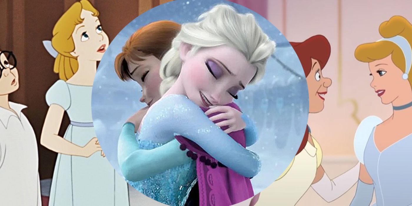 A composite image of Disney's Wendy and John Darling, Anna and Elsa, and Cinderella and Anastasia