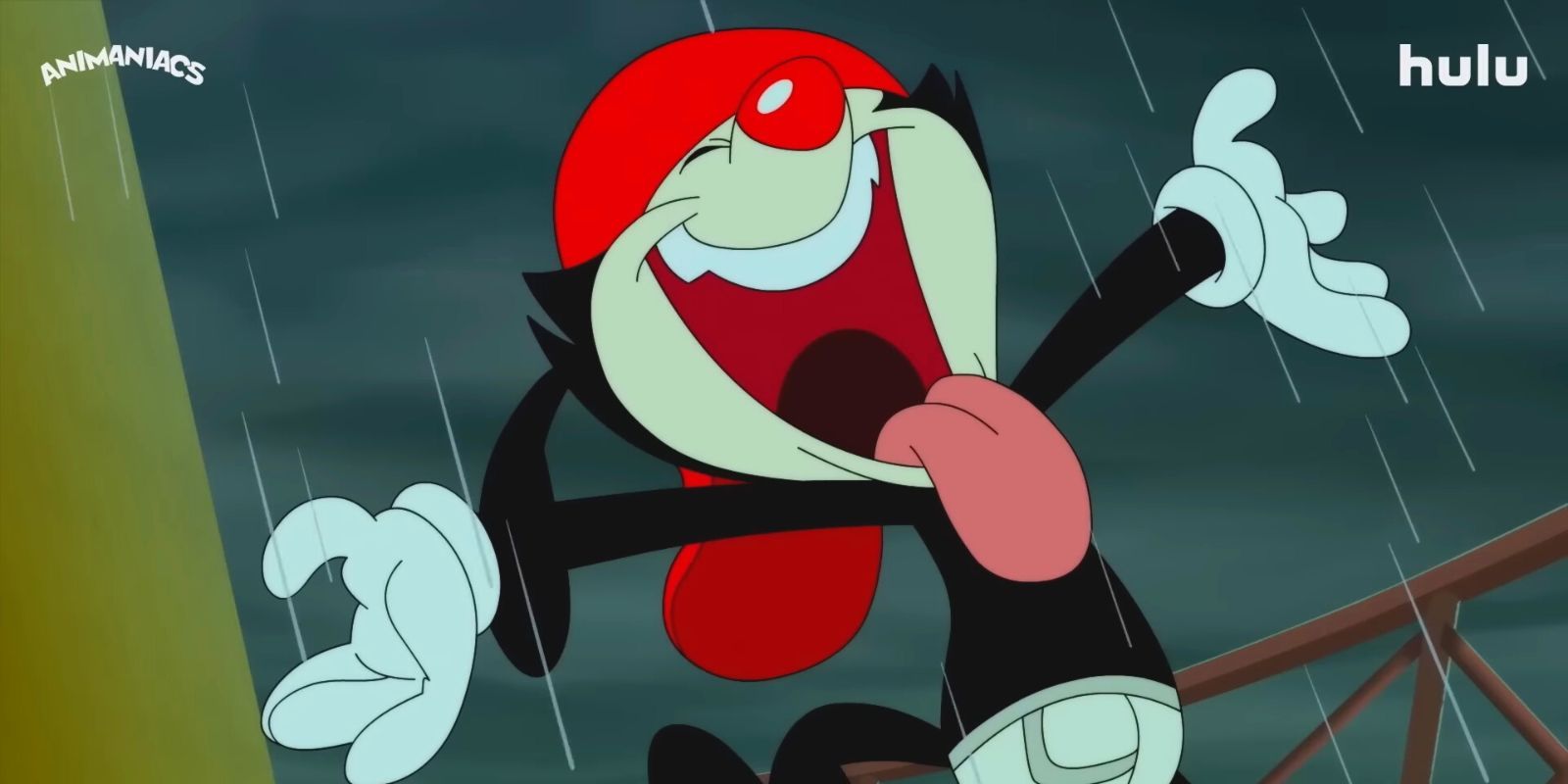 Animainiacs' Wakko in his underwear, sticking his tongue out in the rain