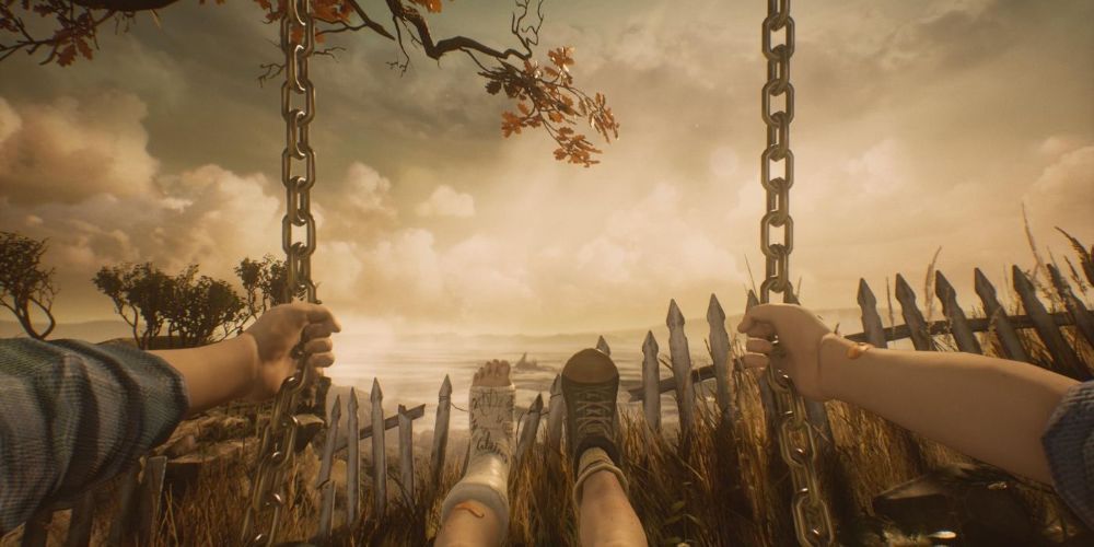 A first-person player view of a character sitting on a swing in What Remains of Edith Finch