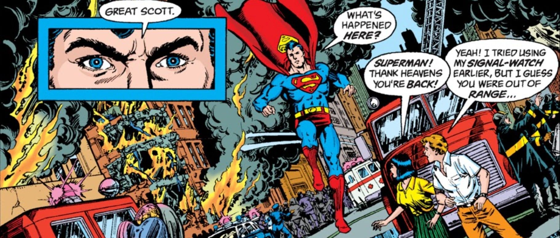 Superman flies in to discover Metropolis in chaos