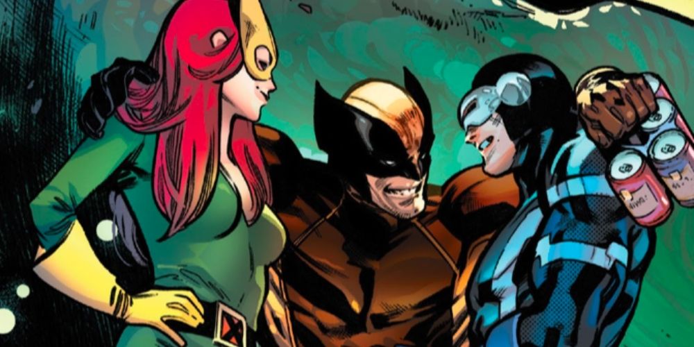 Wolverine, Jean, and Cyclops hugging in Marvel Comics