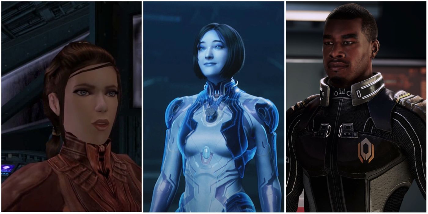 A split image showing Bastila Shan from Star Wars: Knights of the Old Republic, Cortana from Halo 5: Guardians, and Jacob Taylor in Mass Effect 2