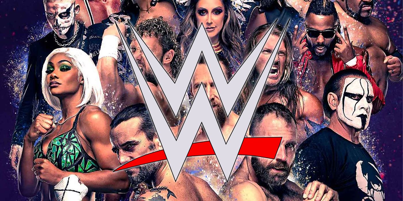 WWE logo over AEW wrestlers