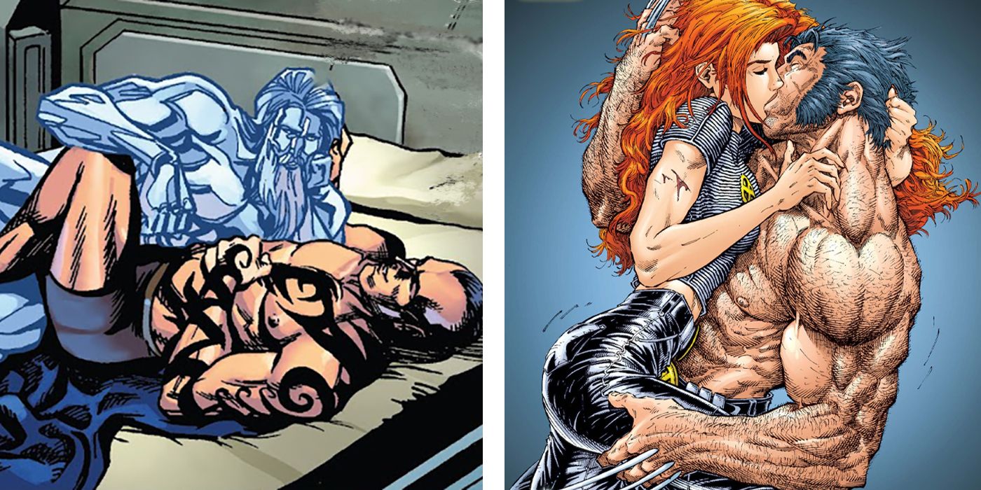 Iceman in bed with Daken next to Jean Grey kissing Wolverine