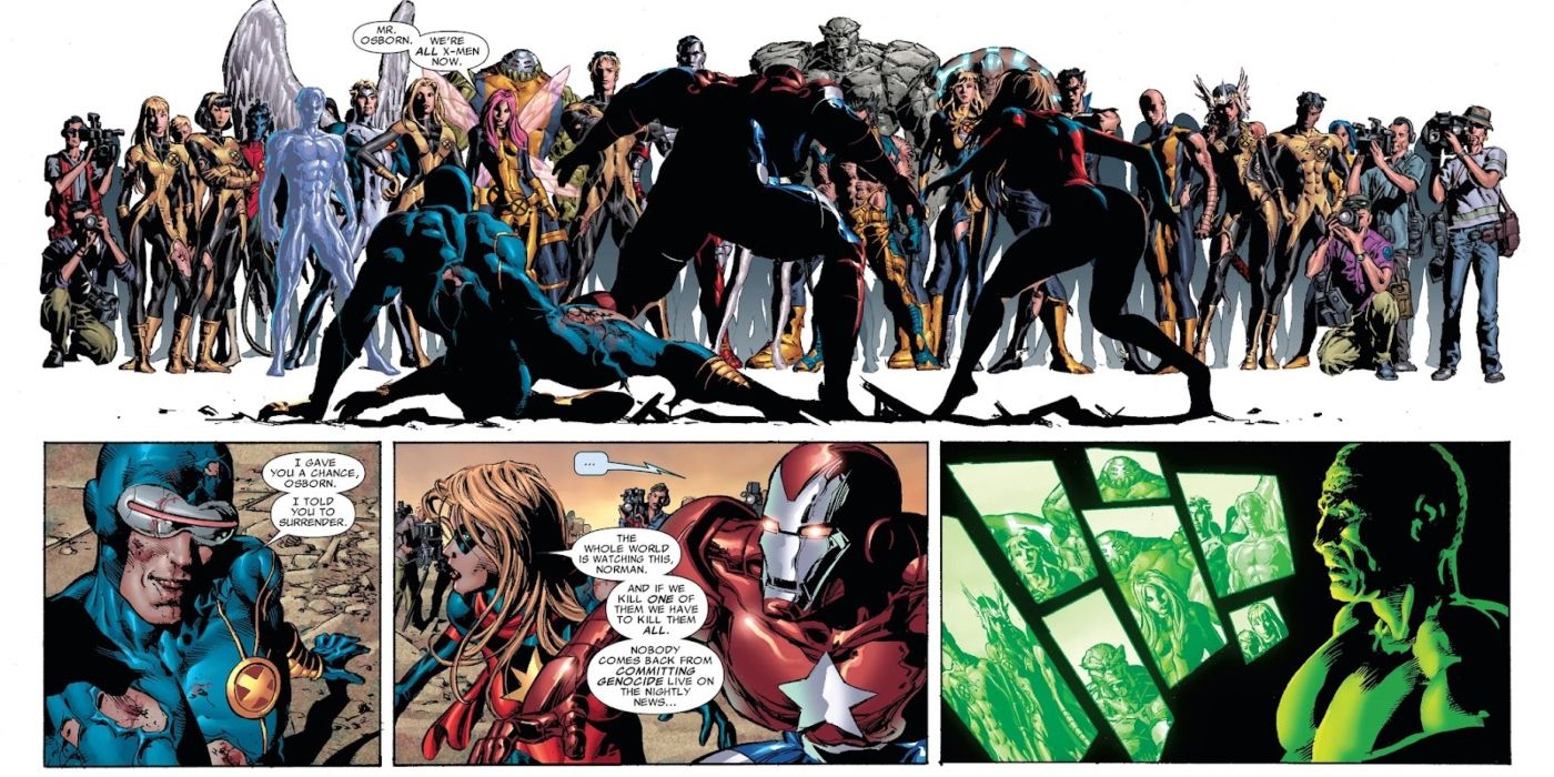 Uma imagem dividida apresenta painéis de quadrinhos de X-Men Dark Avengers Utopia Norman Osborn.