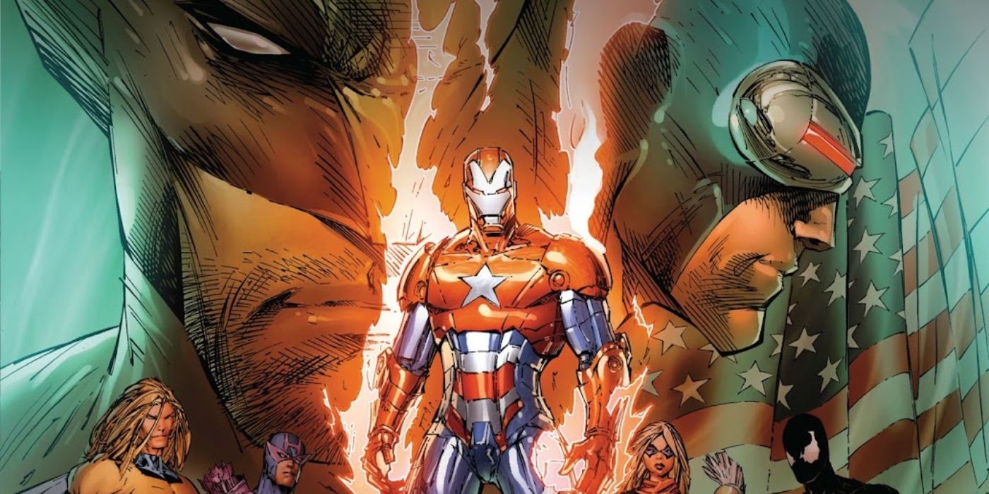 The Iron Patriot stands before the X-Men and Avengers in Marvel Comics