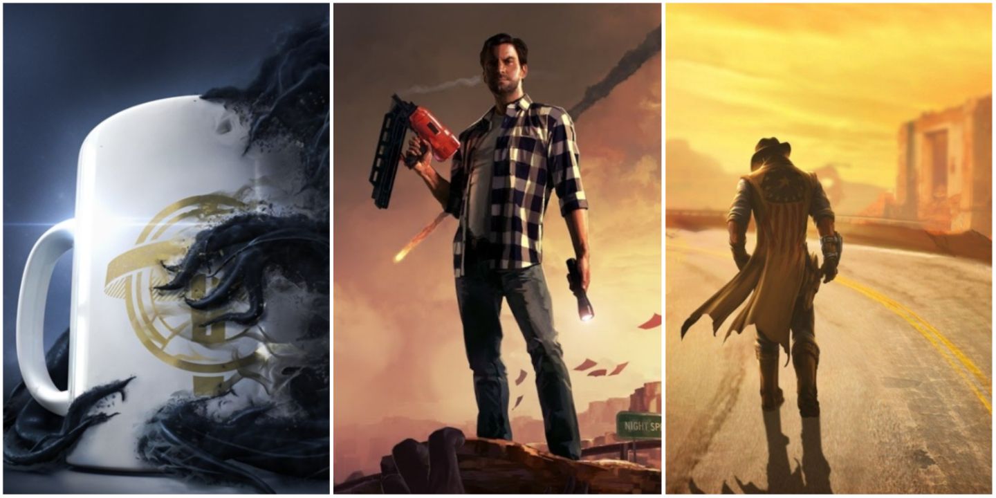 A split image showing a mimic in Prey: Typhon Hunter, Alan Wake in Alan Wake's American Nightmare, and Ulysses in Fallout: New Vegas Lonesome Road DLC