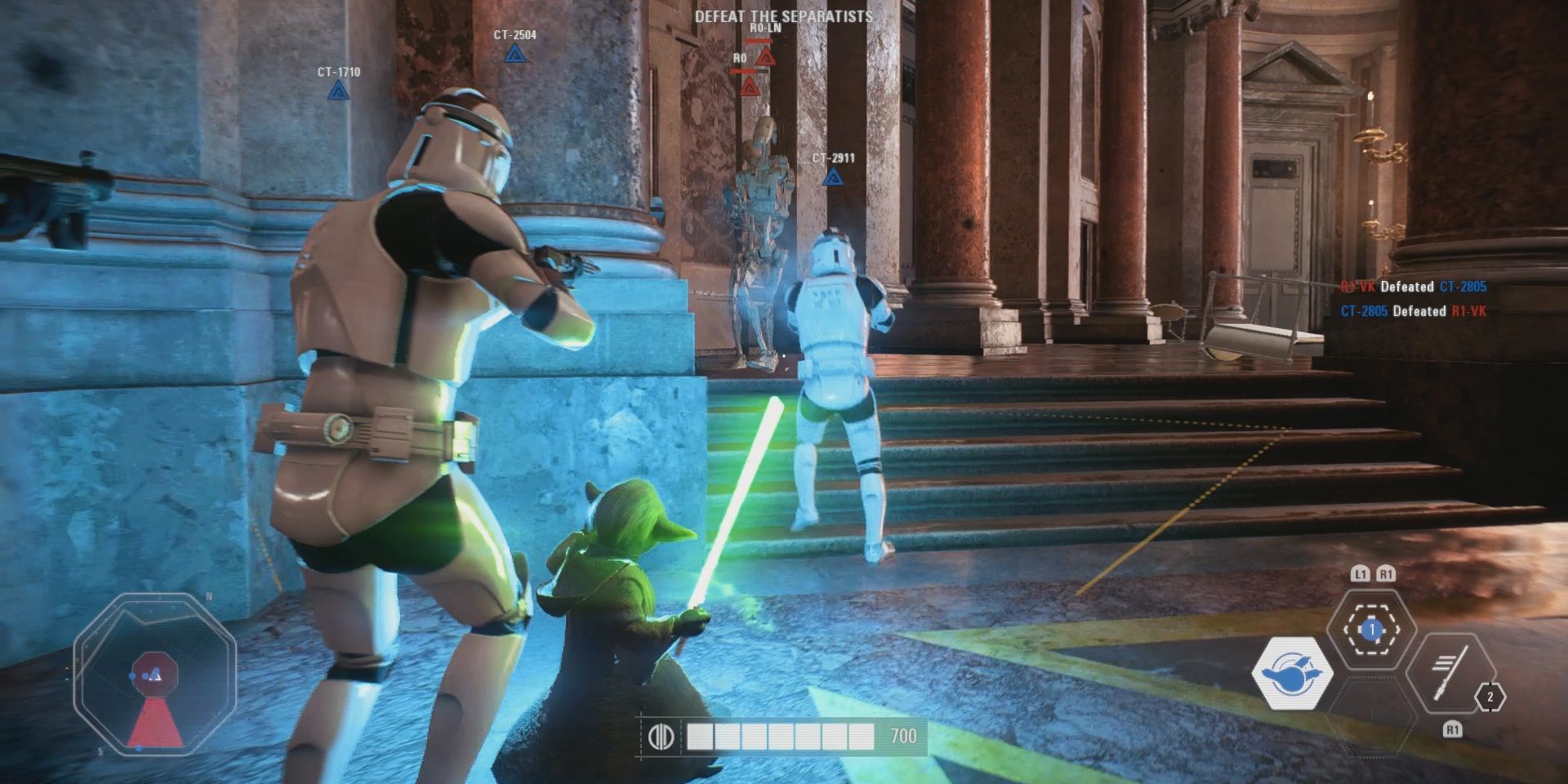 Yoda holding his lightsaber marches alsong side Clone Troopers in Star Wars Battlefront II