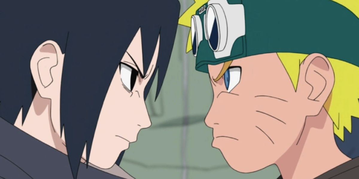 Sasuke e Naruto brigando.