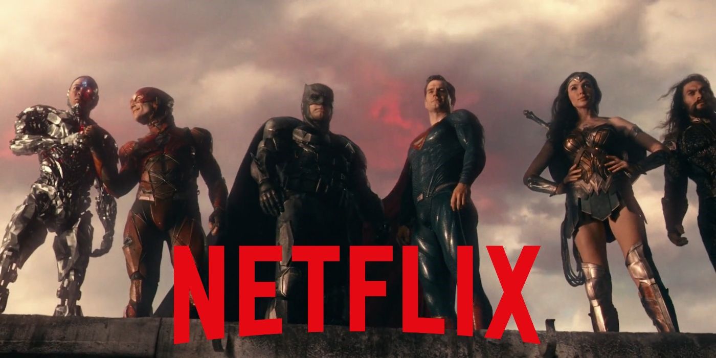 Zack Snyder's Justice League looks down at a Netflix logo