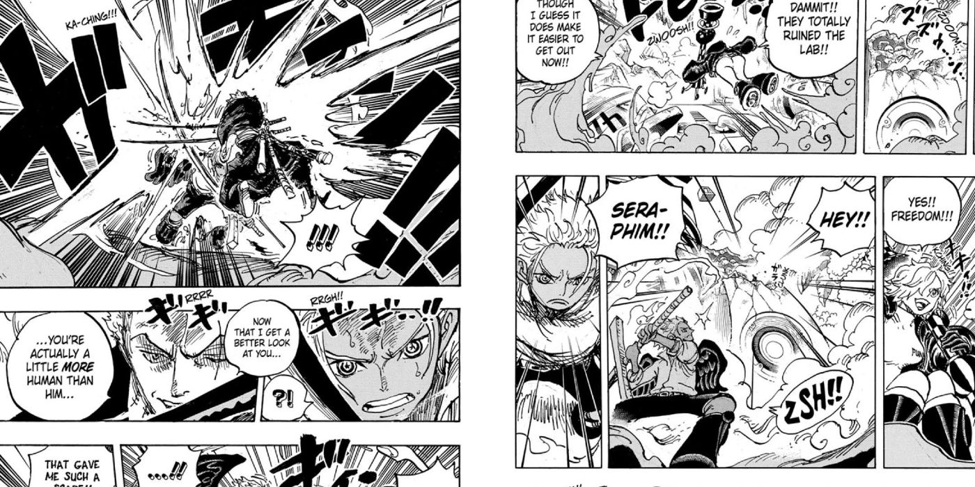 Zoro blocking a Seraphim's attack in One Piece