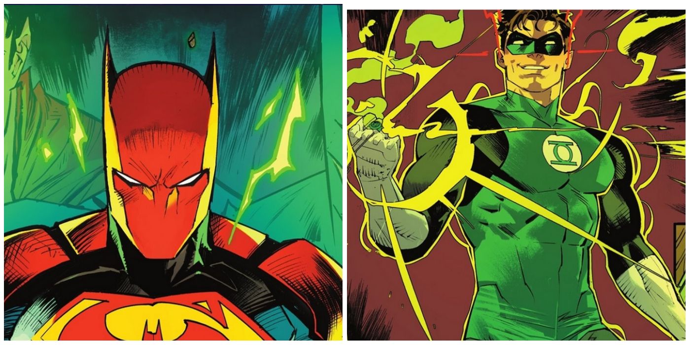 Split image of Superman and Batman and Green Lantern