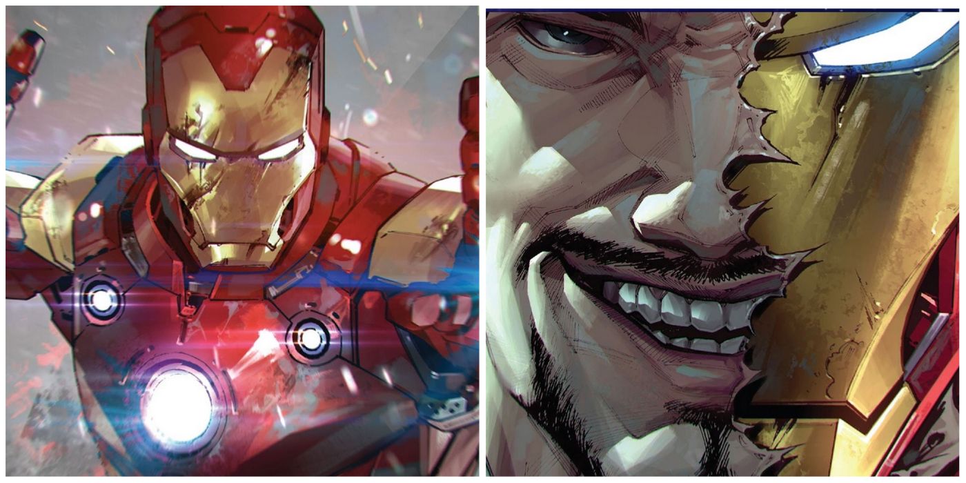 Split image of Iron Man's battle damaged armor