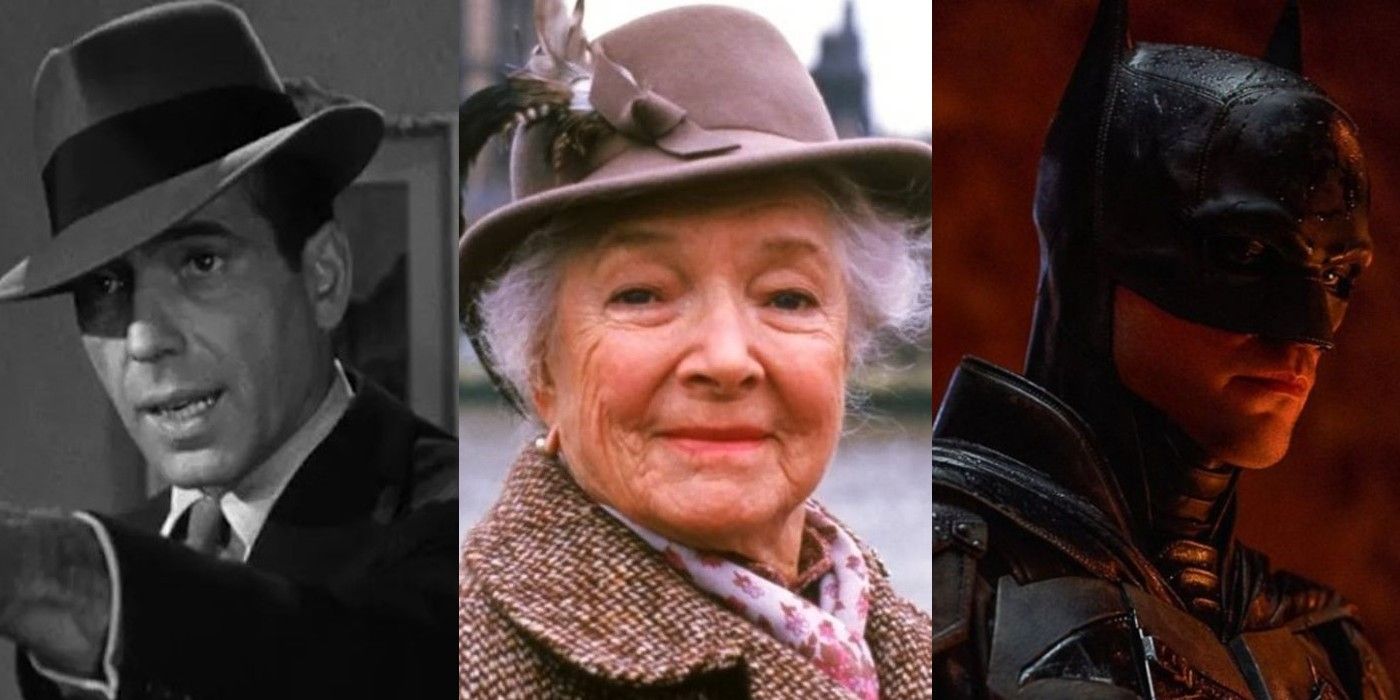 A split image of Phillip Marlowe, Miss Marple, and Batman